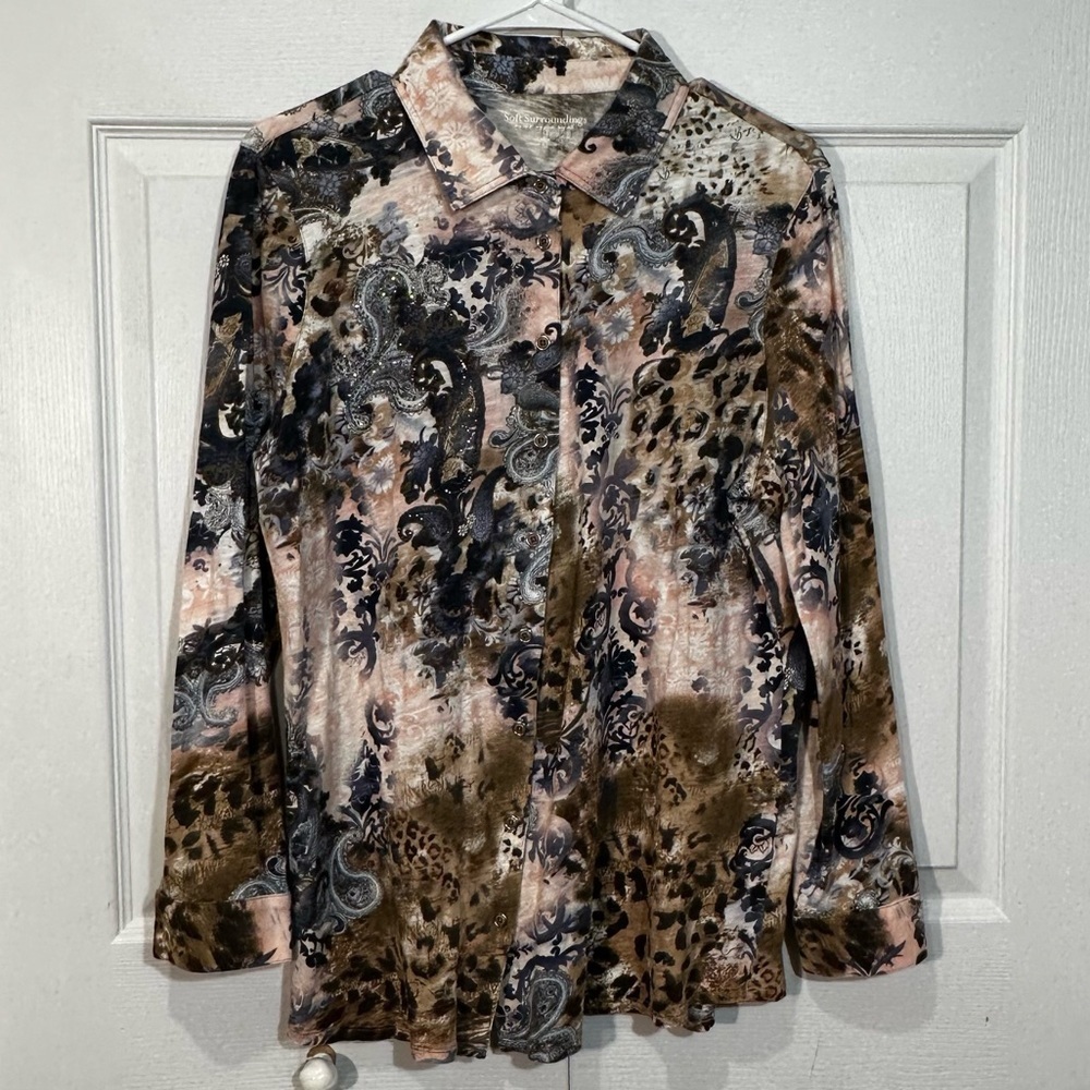 Soft Surroundings Mixed Paisley & Leopard Print Rhinestone Cotton Top Size Large